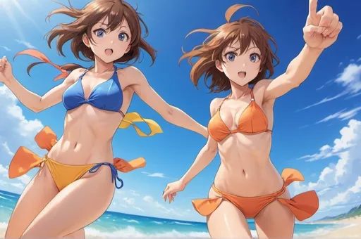 Prompt: Two anime girls in skimpy beachwear, running in the sky, Aguri Uchida, serial art, official art, concept art, 4k, ultra-detailed, anime, vibrant colors, dynamic posing, detailed eyes, beachwear, sky, high-quality, professional, bright and sunny lighting, full body view.