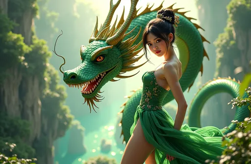 Prompt: Kyoto Animation stylized anime mixed with tradition Chinese artworks~ A dragon flying at modern cyberpunk fantasy world. Cinematic Lighting, ethereal light, intricate details, extremely detailed, incredible details, full colored, complex details, insanely detailed and intricate, green skimpy dress (decoltee, navel), hypermaximalist, extremely detailed with rich colors. masterpiece, best quality, aerial view, HDR, UHD, unreal engine. plump looking at the camera, smooth thighs, (glittery jewelry) ((acrylic illustration, by artgerm, by kawacy, by John Singer Sargenti) dark Fantasy background, glittery jewelry, Representative, fair skin, beautiful face, Rich in details High quality, gorgeous, glamorous, 8k, super detail, gorgeous light and shadow, detailed decoration, detailed lines