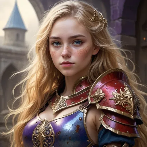Prompt: A young woman, cute girl with few freckles and a round face, dirty face, wearing red and blue armor with long wavy blonde hair and a large chest showing, fantasy art, high quality, detailed, majestic, dramatic lighting, royal atmosphere, royal fantasy, purple and golden tones, intricate armor details, ornate design, fantasy character, professional illustration, D&D, RPG, full body shot.