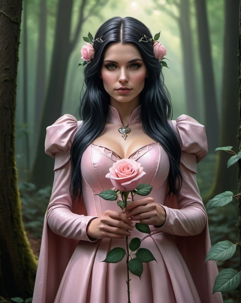 Prompt: a woman in a costume holding a flower in a forest with trees in the background and a light pink rose in her hand, Anne Stokes, fantasy art, epic fantasy character art, concept art