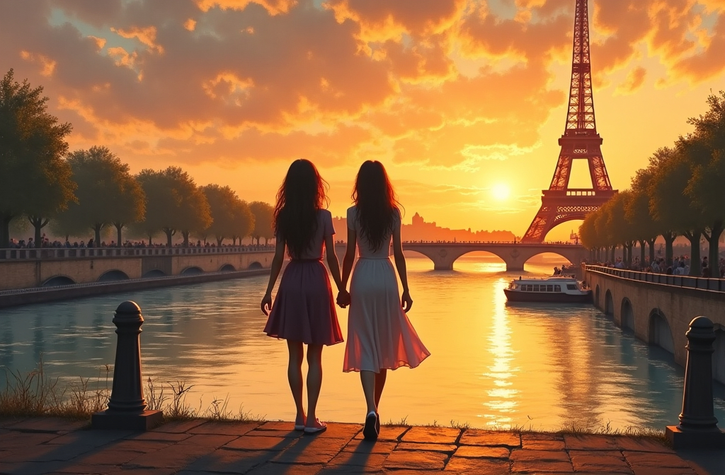 Prompt: (detailed painting of a couple of young women walking), in love, holding hands, (Eiffel Tower at sunset), (overlooking the river Seine), Evgeny Lushpin style, figurative art, impressionist painting, warm and golden hues, gentle reflections on water, nostalgic ambiance, soft brush strokes, ultra-detailed, artistic masterpiece, serene atmosphere, rich textures, evocative scenery, tranquil and romantic mood.