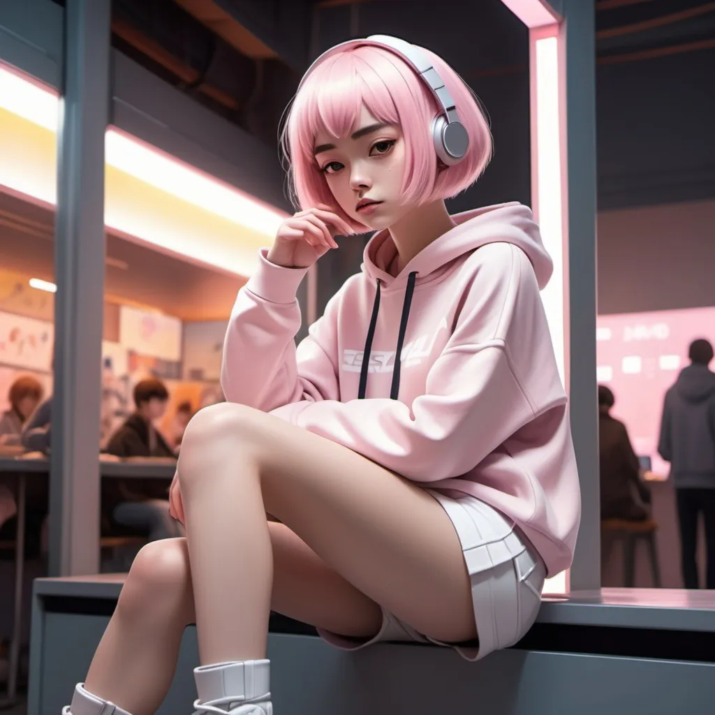 Prompt: 2d anime-style, (Cyborg robot woman), shy, sitting, cozy atmosphere, short pink hair with bangs, wearing a pale pink hoodie, white skirt, warm lighting contrasted with cool metallic elements, ultra-detailed, inviting atmosphere, eyes reflecting emotions, high-quality image, captivating character design.