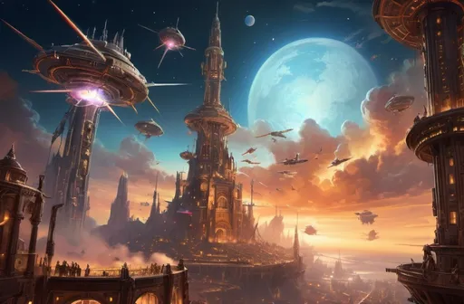 Prompt: warhammer 40k style, (skytower high in the sky with flying ships docked), (imperialistic fantasy), soft glowing lights, ethereal space-inspired elements, ultra-detailed, intricate designs, sumptuous colors, majestic ambiance, evoking a sense of wonder and adventure, wispy floating clouds, filing the atmosphere with serenity, expansive horizon in the background, illuminated by radiant cosmic rays, visually captivating and enchanting setting, tranquil yet adventurous mood.