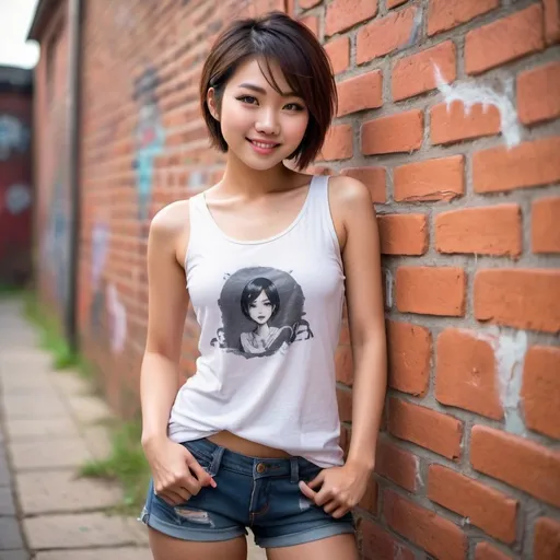 Prompt: Gorgeous young asian girl, posing in front of an old red stone brick wall with grafitti, outdoor, perky very short modern outfit, warm smile, bright eyes, short hair, high quality , full body, detailed, realistic, cute, realistic skin texture, bright colors, professional quality, traditional, realistic, detailed, vivid colors, belly, petite physique.