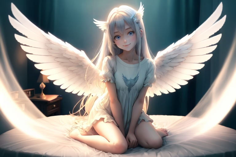 Prompt: 2d-anime, 1girl, cute, angel, angel wings, bed, detailed feathered wings, bedroom,  short sleeves, kneeling on the bed, smile, solo, spread wings, flowing very long hair, white wings, soft pastel colors, dreamy atmosphere, ethereal glow, detailed eyes, 4k, high-quality, pastel tones, dreamy lighting, wide view, full body shot.