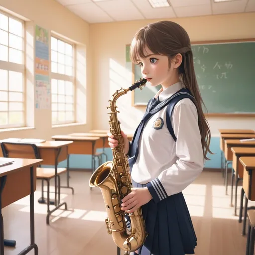 Prompt: Anime illustration of a young schoolgirl in uniform playing a saxophone in an empty classroom, soft natural lighting, detailed eyes, school uniform with intricate patterns, focused expression, high-quality, anime, detailed instrument, traditional art style, soft pastel colors