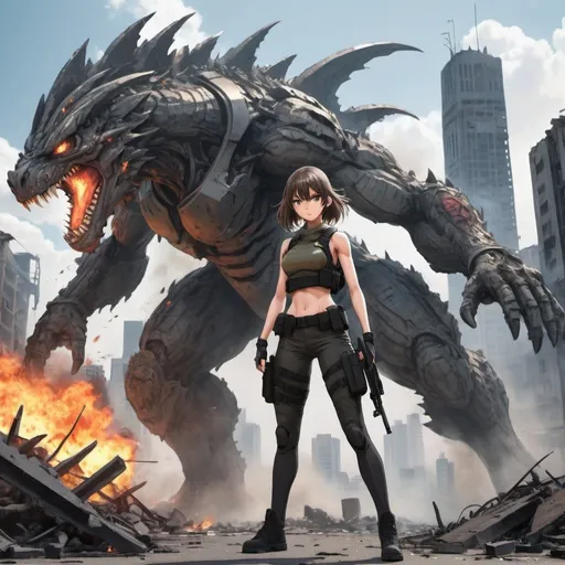 Prompt: anime, high detailed, brautyful girl in a future military cut-off outfit, action pose, future rifle, attacking a giant kaiju. destroyed an burning city in background.