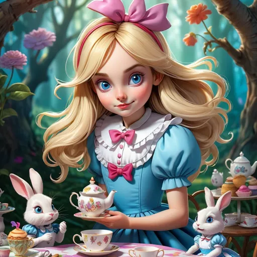 Prompt: 2D anime illustration of Little Alice in Wonderland, holding a 1cute rabbit, whimsical tea party background, detailed characters, vibrant colors, storybook style, cute, fantasy, tea party, detailed hair, adorable design, whimsical, professional, storybook lighting, vibrant colors