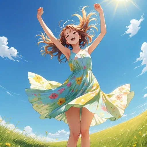 Prompt: Anime illustration of a young girl in a colorful summer dress, dancing with arms raised and one foot bent, on a serene meadow, detailed hairs flying in the wind, sunny weather, clear blue sky, full body shot, highres, detailed, anime, vibrant colors, joyful, clear skies, sunny, meadow, dancing pose, colorful summer dress, serene atmosphere, vibrant, full body shot, professional, natural lighting