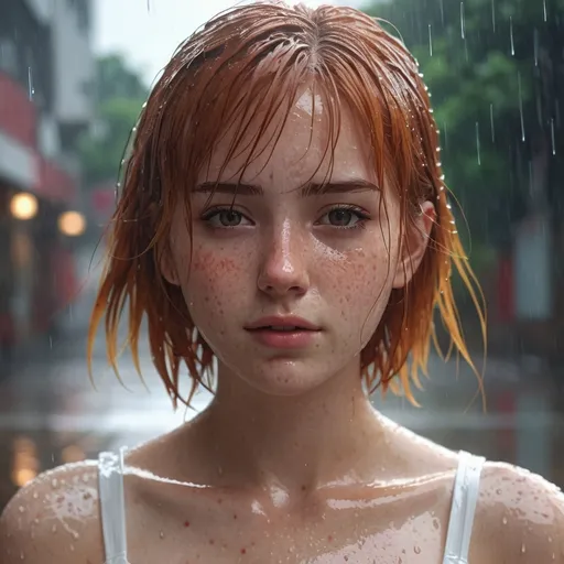 Prompt: 4k high resolution cgi anime modern, heavy rain, wet hair, face picture, petite mexican female, age 18, pretty face, light freckles, blonde/brown/red hair, short white dress, low-cut top.