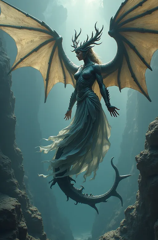 Prompt: Tiamat goddess of the primordial sea gray dragon winged lady