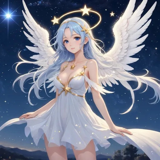 Prompt: 1girl, amane kanata, angel, angel wings, blue wings, constellation, cowboy shot, detached wings, dress, cleavage, feathered wings, hair ornament, halo, white long hair, looking at viewer, low wings, mini wings, multiple wings, shooting star, sky, solo, sparkle, star \(sky\), star \(symbol\), star hair ornament, star halo, starry background, starry sky, white wings, wings