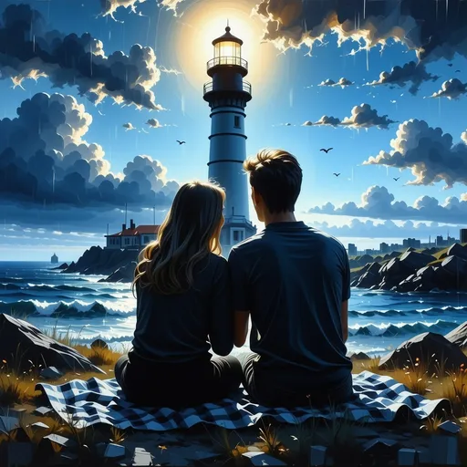 Prompt: intricate details, silhouette of A couple sits cuddled together on a blanket, gazing up as the lighthouse light rotates above, sending a periodic glow over them. , acrylic painting, trending on pixiv fanbox, palette knife and brush strokes, style of makoto shinkai jamie wyeth james gilleard edward hopper greg rutkowski studio ghibli genshin impact