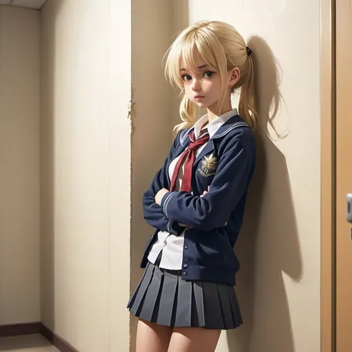 Prompt: Anime illustration of a russian looking blond girl in school uniform, Leans with his back against the wall, bored, full body shot, highres detailed anime, school, atmospheric lighting, full body shot, photographed from diagonally below, kodak film.