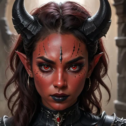 Prompt: medium shot, great lighting, intricate details, photo of a beautiful female demon with red skin. 
She has a sad yet strong expression on her detaiiled maltreated face. Her straight black hair frames her face. Her lips are beautiful, full and express a slight sadness. 
She is wearing dark, black lipstick and mascara. She looks up and asks for forgiveness. 
Her demonic eyes are deep black. She has curved horns. High level of detail, perfect composition, realistic photographic image, interesting backlighting, dnd darkest fantasy.