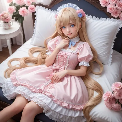 Prompt: {best quality}, {{masterpiece}}, {highres}, extremely detailed girl, sharp focus, {{{character{1 girl}}}}, solo, {{{beautiful pink lolita dress}}}, lying, light smile, closed mouth, beautiful detailed eyes, blue eyes, {{{{{sharp focus}}}}}, {{{{{masterpiece illustration}}}}}, shiny hair, short hair, blonde hair, {{{{{{dakimakura}}}}}}, {{full body}}, glowing, white theme, {{{petals}}}, full body shot.
