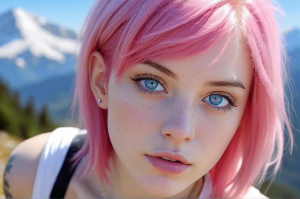 Prompt: Anime-style digital artwork of a girl with pink hair and piercing blue eyes, high detailes lips, photorealistic painting of Alice Prin, computer-generated art, serene mountain landscape in the background, clear blue sky, ultra-high resolution, photorealistic, anime, pink hair, blue eyes, serene landscape, detailed mountains, computer-generated, high-quality, peaceful, serene, photorealistic painting