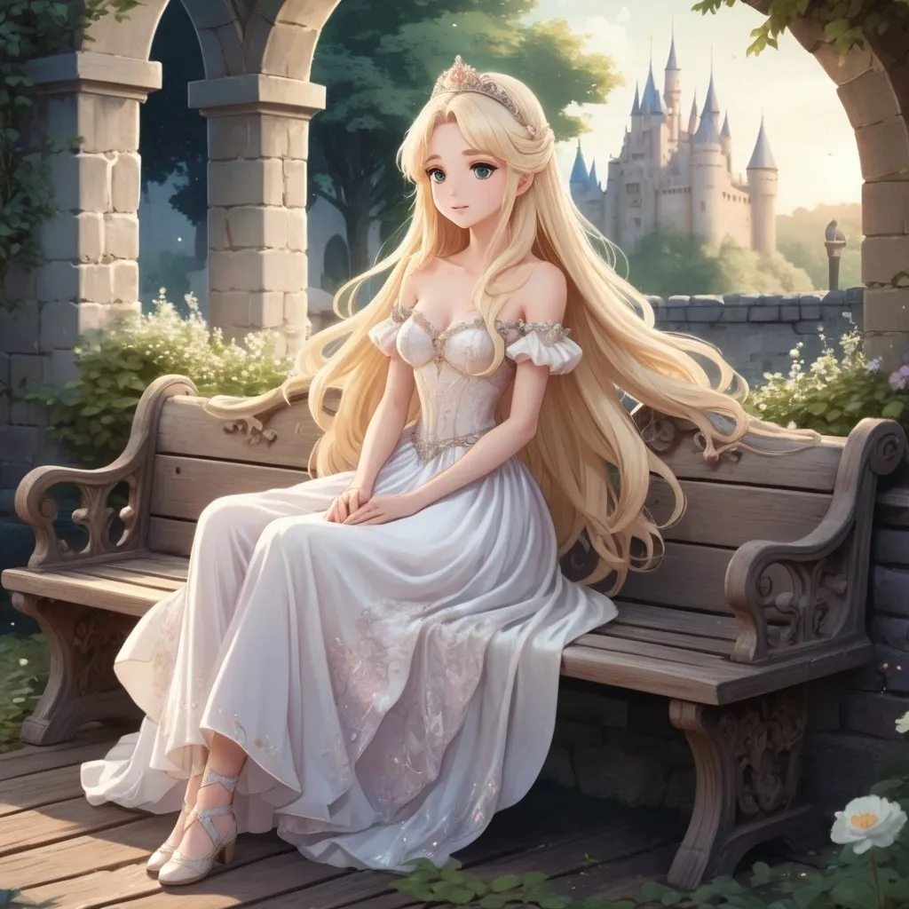Prompt: Cute anime illustration of a young princess, long blonde hair, flat chest, elaborate white dress, sitting on an old wooden bench in castle garden, fantasy style, full body shot, highres, detailed, anime, fantasy, princess, long hair, elaborate dress, castle garden, full body, intricate details, pastel colors, dreamy lighting