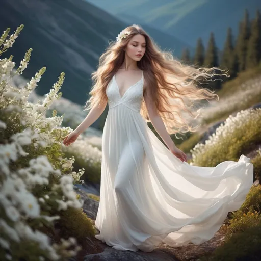 Prompt: Beautiful young goddess in flowing white dress, long vivid flowing hair adorned with white flowers, heavenly mountain setting, luminous aura, high quality, ethereal, flowing white dress, long vivid hair, adorned with white flowers, heavenly mountain, luminous aura, detailed, serene lighting