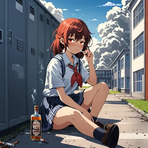 Prompt: Highly detailed anime illustration of a cute girl in a messy school uniform, smoking a cigarette in a schoolyard, cloud of smoke around the girl, with a schnapps bottle on the ground, sleepy eyes and red cheeks, perfect voluminous body, full body shot, highres, detailed eyes, anime, school setting, urban, messy uniform, relaxed atmosphere, cute, expressive eyes, atmospheric lighting