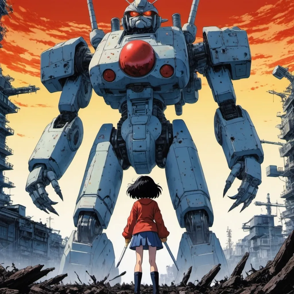 Prompt: incredibly powerful Anime Girl, created by Hideaki Anno + Katsuhiro Otomo +Rumiko Takahashi, Movie poster style, box office hit, a masterpiece of storytelling, main character center focus, monsters + mech creatures locked in combat, nuclear explosions paint sky, highly detailed 8k.