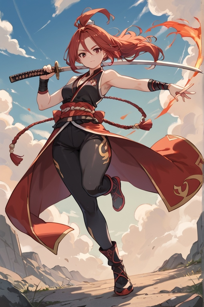 Prompt: (score_9:0.9),score_8_up,score_7_up, 1girl, sky striker ace  (character: Raye), black and white fighting costume, holding one red katana, solo, holding, full body, looking at viewer, standing, shining,