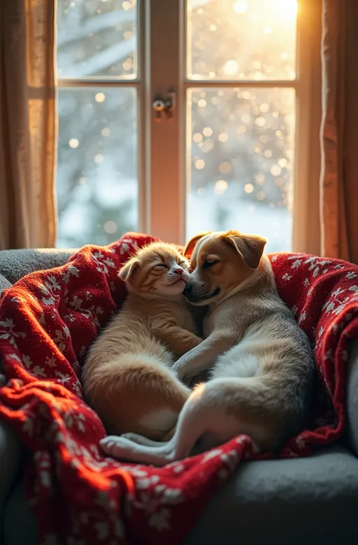 Prompt: Photography sofa poster with translucent almost transparent, 1cat kitten and 1dog puppy cuddling sleeping floating on Christmas blanket, in front of closed window, outside it is snowing, high backlight, saturated colouring, bright light, drop shadow, studio lighting, high contrast, central composition, goddess rays, light particles, light graining.