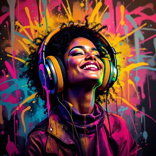 Prompt: Create a vibrant urban street art portrait of a woman immersed in music, wearing oversized headphones that amplify her energy. Her expression radiates joy and freedom, as neon colors pulse around her, glowing fiercely in shades of pink, blue, yellow, and black. The background bursts with dynamic abstract lines and aggressive yet playful brush strokes that seem to dance to an unheard rhythm. Dripping paint effects add a raw, rebellious edge, enhancing the graffiti style, while layered textures create a sense of depth and movement. The scene is bathed in the warm glow of twilight, casting an energetic atmosphere that captures the essence of urban creativity. The artwork would benefit from a bold, contemporary style, reminiscent of street art murals combined with a splash of surrealism, contemporary hip-hop vibe, electric atmosphere.