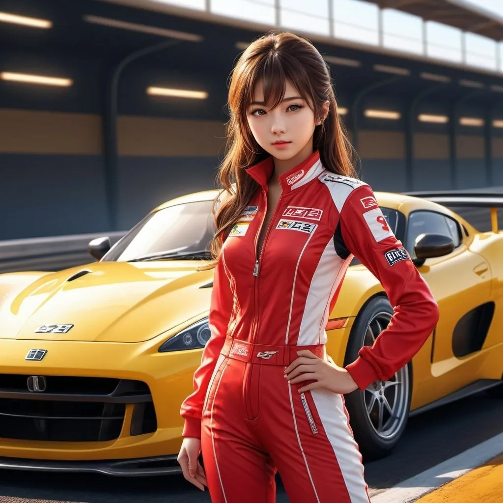 Prompt: Japanese anime illustration of a beautiful young girl in a red racer suit, detailed masterpiece, full body shot, leaning against a yellow sports car, perfect voluminous body, racetrack setting, intense gaze, professional, ultra-detailed,detailed eyes, standing pose, highres, atmospheric lighting