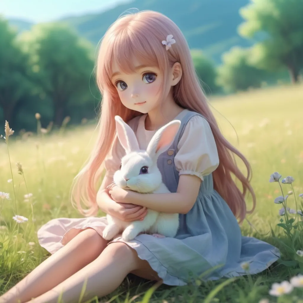 Prompt: Anime cute young 1girl, sits in the meadow and strokes 1 little rabbit, soft pastel colors, dreamy atmosphere, flowing long hair, ethereal glow, detailed eyes, 4k, high-quality, anime, pastel tones, dreamy lighting, full body shot.