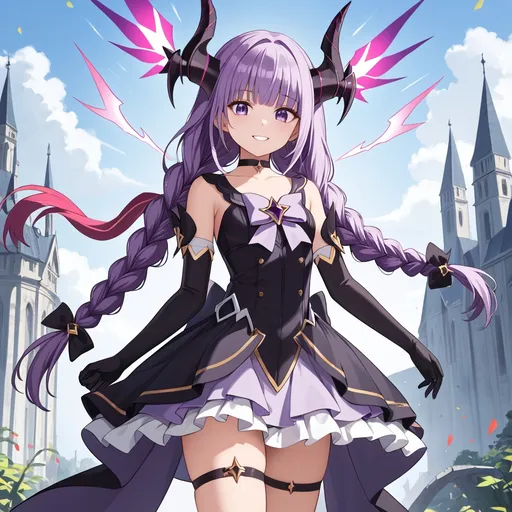 Prompt: Character (Aura the Guillotine(, (anime: Frieren), long hair, (purple eyes:1.1), purple hair, braid, horns, twin braids, smile.
Skirt, thighs, gloves, choker, black gloves, elbow gloves, magical girl.
outdoors.
Looks at the viewer.
(masterpiece:1.2), best quality, high resolution, unity 8k wallpaper, (illustration:0.8), (beautiful detailed eyes:1.6), extremely detailed face, perfect lighting, extremely detailed CG, (perfect hands, perfect anatomy).