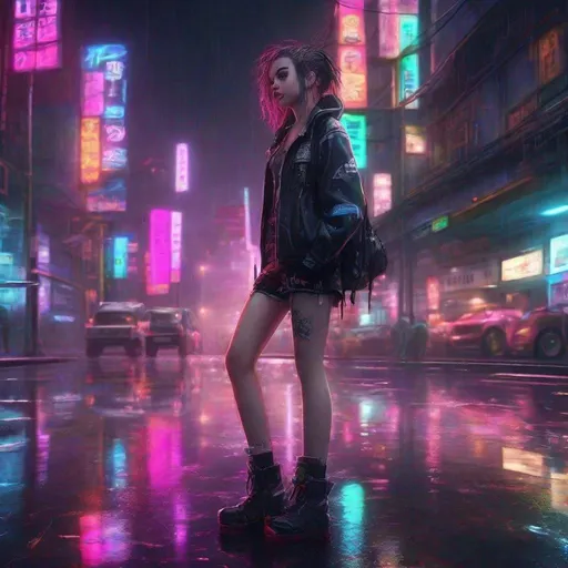 Prompt:  neon punk style., beautiful city after rain, water over the roads, street lights fading away, street view, highly realistic and aesthetic view, beautiful landscape, wallpaper, high definition image, high quality, young girl in the middel ogf the street.