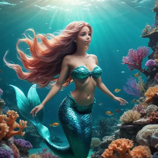 Prompt: (Adorably beautiful mermaid swimming in the ocean), full body shot, flowing hair, vibrant (turquoise) and (aqua) hues, soft sunlight filtering through the water, playful and serene emotion, surrounded by colorful coral reefs, schools of fish, ultra-detailed, 4K, high resolution, photorealistic, dreamy underwater scenery, bioluminescent details, gentle water currents, ethereal and enchanting atmosphere, magical marine environment, cinematic depth, captivating and whimsical scene