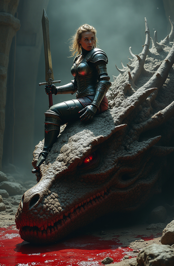 Prompt: (warrior woman), sitting on top of colossal big dead dragon's head, (full armor gleaming), sword plunged deep into the dragon's skull, crimson blood pooling on the ground, bloody greatsword stuck deep in the dragon's head, dramatic shadows, fierce expression conveying victory, dimly lit ambiance with hints of brooding tensions, detailed scales and textures of the dragon's head, (highly detailed), atmospheric, (epic fantasy scene).