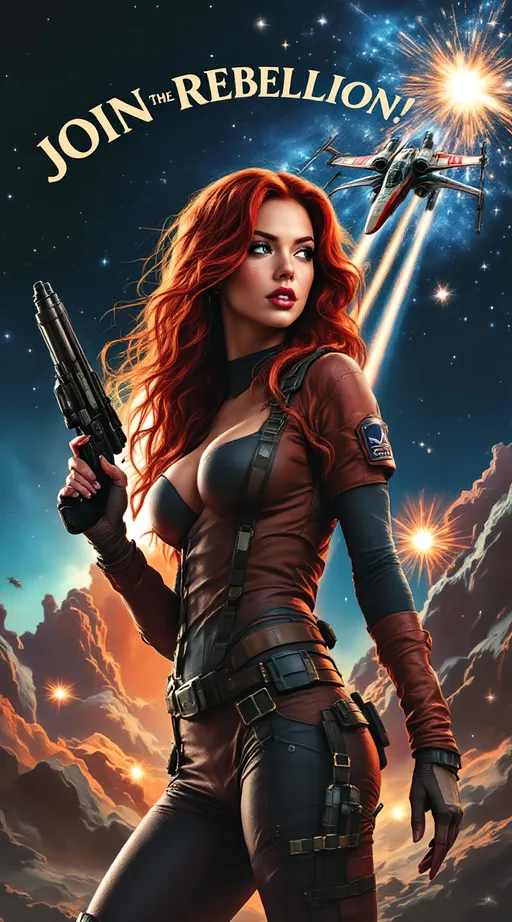 Prompt: Create a Star Wars propaganda poster featuring a curvy, seductive girl with cascading long red hair and playful freckles. She stands in a confident side view, her rebel pilot outfit hugging her curves, accentuating her dynamic pose as she holds a blaster pistol in hands with a determined glint in her eyes. Behind her, an X-Wing fighter zooms through a cosmic backdrop, shimmering stars bursting around it like supernovas, illuminating the night sky with celestial blues and fiery oranges. The tagline “Join the Rebellion!” arches boldly above her, infused with vintage lettering style. Let’s capture the energy of rebellion and adventure with cinematic lighting that makes the colors pop, evoking a sense of urgency and excitement.