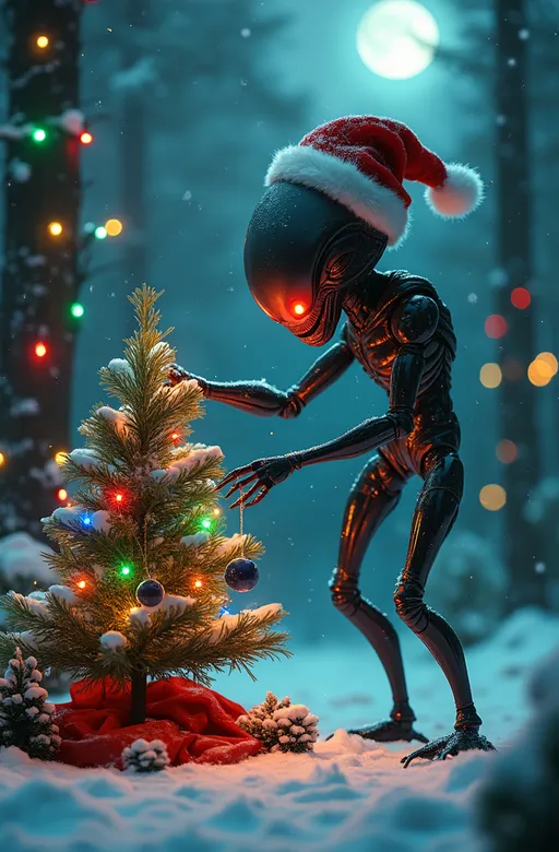 Prompt: A surreal depiction of an alien creature celebrating Christmas. The alien, towering and biomechanical with its sleek, shiny black exoskeleton, is wearing a bright, oversized Santa hat (slightly askew) and a glowing red nose reminiscent of Rudolph. The scene is set in a snowy, moonlit forest decorated with colorful Christmas lights strung between the trees. The alien holds a sack of glowing gifts, with faint blue mist emanating from it, while attempting to decorate a small, crooked Christmas tree with ornaments shaped like planets and stars. The atmosphere is whimsical and humorous, with soft snow falling, creating a blend of eerie and festive charm. Lighting includes a soft glow from the tree and the alien’s glistening exoskeleton reflecting the holiday lights. Colors focus on contrasting dark blacks and metallic hues with bright reds, greens, and blues, maintaining a balance between sci-fi and holiday cheer.