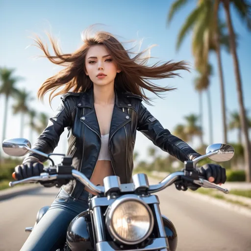 Prompt: Anime masterpiece of a girl on a motorcycle, wearing biker clothes and a leather jacket, with long brown hair flowing in the wind, blue sky and palm trees in the background, detailed image with motion blur and depth of field, high-quality, anime, biker style, outdoor setting, leather, detailed hair, motorcycle