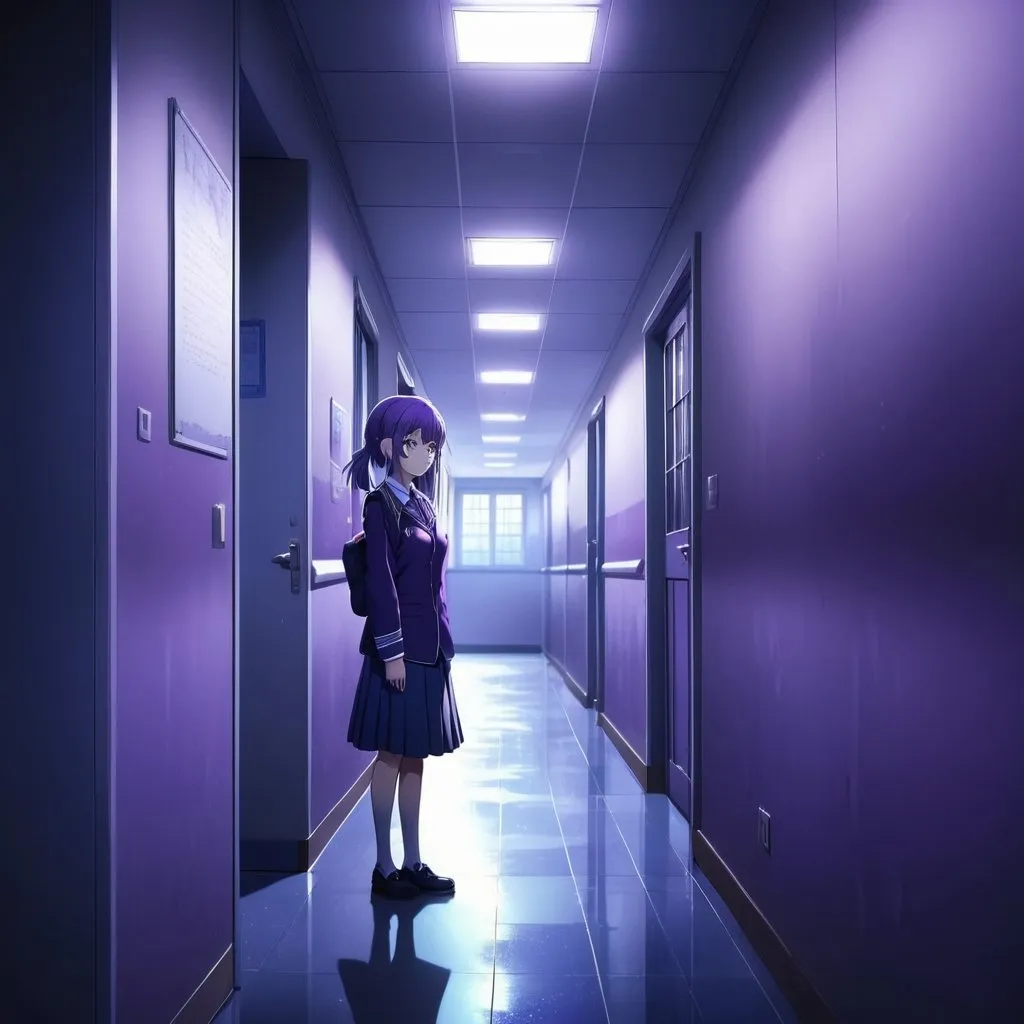 Prompt: Anime, school council president, lonely walk at night, poorly lit corridor, stars through window, detailed eyes, highres, anime, school setting, atmospheric lighting, blue and purple tones, introspective gaze, detailed uniform, professional art style