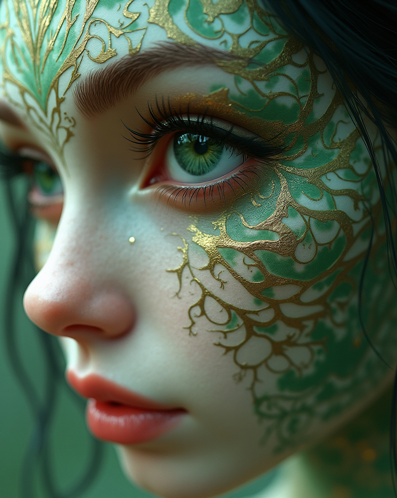 Prompt: Illustration, beauty, comic style, isekai style, dreamy, cinematic quality, play of light and shadow, 
Create a hyper-realistic close-up of a young elven woman's face, showing intricate body art in a bold and multi-dimensional style. Her porcelain-like skin is decorated with abstract patterns in green, gold and white, with deep, sculptural shading that creates a 3D effect. Her eye is particularly detailed and intense, capturing depth and emotion. Etched shapes inspired by rococo art and fractal patterns blend seamlessly into her skin, with earthy and silver tones adding to the mysterious, multi-layered effect. The work is intended to feel hyper-realistic, almost tangible, with UHD quality and an intense, surreal atmosphere that emphasizes depth, strong contrasts and a multi-dimensional design.