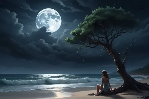 Prompt: Chiaroscuro, digital painting, 8k, HD high quality, lonesome girl on brach, A night scene of a deserted forested island surrounded by a stormy sea, dramatic, the moon in an evening sky, stars and clouds in the sky, over a ocean with rising waves, 