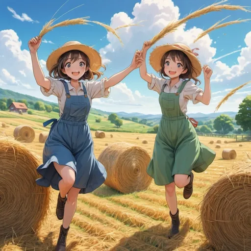 Prompt: (anime illustration), 2 women playing in hay, throwing hay in the air, cheerful atmosphere, fantasy farm setting, CGI, high quality, ultra-detailed, vibrant colors, warm lighting, lush greenery in the background, whimsical elements, rolling hills, tidy farm with charming details, blue sky with soft, fluffy clouds, anime-style facial expressions, joyful and carefree mood, 4K.
