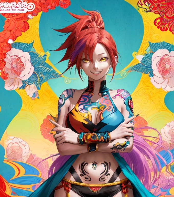 Prompt: Animestyle illustration of a female character with red and blue hair, wearing colorful tattoos on her chest and smiling against a yellow background. The artwork features bright colors, intricate details and sharp focus with high resolution and high detail. It has a perfect composition in the anime art style with the Japanese manga artstyle. The rendering is of the best quality in the style of Akira Toriyama and Nyo.