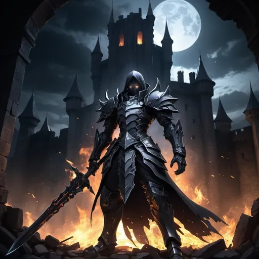 Prompt: Ultra high detailed anime-style, eminence in shadow, Alpha, fire blade, destroyed castle in background, dark fantasy, full body shot, masterpiece, scale out, night, dark tones, detailed eyes, intense lighting, professional