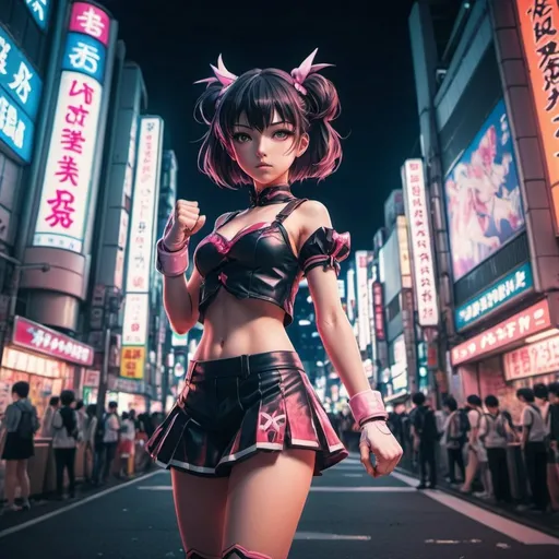 Prompt: high detailed anime-style, tokyo akihabara by night, neon lights, a cute magical girl, short cut-off outfit, fists up, ready to fight, dark atmosphere, wide view.