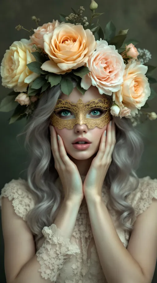 Prompt: This is a highly detailed (baroque style, pale colours, grainy image) photograph of a young woman with a fair complexion, styled in a vintage, romantic aesthetic. Hands on cheeks, surprised pose, :o.She has wavy, silver-gray hair that cascades down to her shoulders. Her face is partially obscured by a dramatic floral headpiece that features a mix of large, soft yellow and peach roses, as well as pale pink peonies. The flowers are arranged in a lush, natural way, with some leaves interspersed, creating a full, textured crown. Her eyes are accentuated with a delicate, gold, lace-like mask that covers the upper part of her face, adding an element of mystery and elegance. She wears a high-collared, lace dress in a beige color that matches the subtle tones of the flowers. The background is a muted, dark green with a textured, almost painterly effect, which contrasts with the bright, soft colors of the flowers and her dress. The overall composition of the photograph is balanced and evokes a sense of timeless beauty and ethereal grace. The lighting is soft, highlighting the textures of the lace and the delicate petals, creating a dreamlike atmosphere.