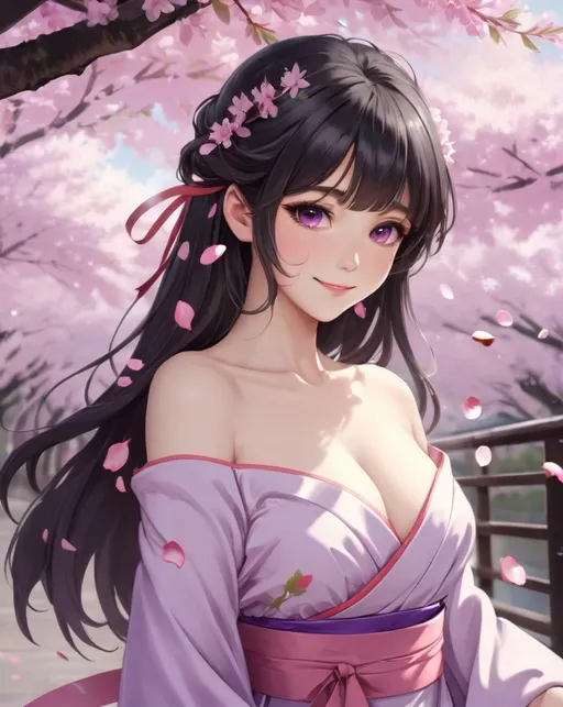 Prompt: 1girl, bangs, bare shoulders, black hair, blush, branch, cherry blossoms, very deep cleavage, closed mouth, collarbone, detached collar, dress, eyebrows visible through hair, falling leaves, falling petals, flower, hair ornament, hanami, japanese clothes, leaves in wind, long hair, long sleeves, looking at viewer, obi, off shoulder, petals, petals on liquid, pink flower, purple eyes, ribbon, rose petals, sash, smile, solo, spring \(season\), tree, very long hair, wisteria