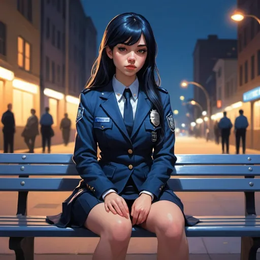 Prompt: Urban schoolgirl in police outfit, dark blue long hair, sitting on a bench, full body shot, digital painting, elegant, Ilya Kuvshinov fan art, pastel colors, muted colors, matte print, embellished, artstation, highres, detailed, full body, elegant style, digital art, fan art, urban setting, streetlight glow, professional matte finish, sitting pose, professional lighting