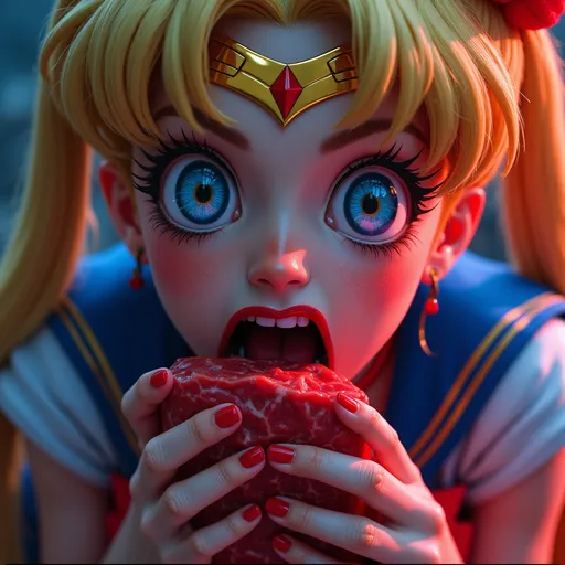 Prompt: (sailor moon eating raw meat), (intense crazy eyes), surreal and bizarre atmosphere, colorful and dramatic colors, contrasting dark reds and deep blues, high detail, captivating facial expression, vivid character design, dynamic and unexpected action, gritty background with an otherworldly feel, ultra-detailed, cinematic lighting, vibrant and eye-catching composition.