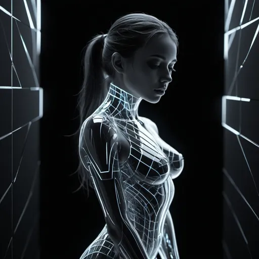 Prompt: 1girl, Crystal tile 3D rendering of a beautiful female body, tron style, transparent and reflective, intricate details, high quality, realistic, 3D rendering, crystal tiles, transparent, reflective, detailed, highres, professional, futuristic lighting.4k, artistic, impressive, beautiful, high contrast, detailed lines, expressive depiction, sensual and enigmatic atmosphere, high resolution, detailed, mysterious, abstract, surreal, monochrome, mood lighting, enigmatic, intricate details, ethereal, emotional, minimalist, dark tones, deep shadows