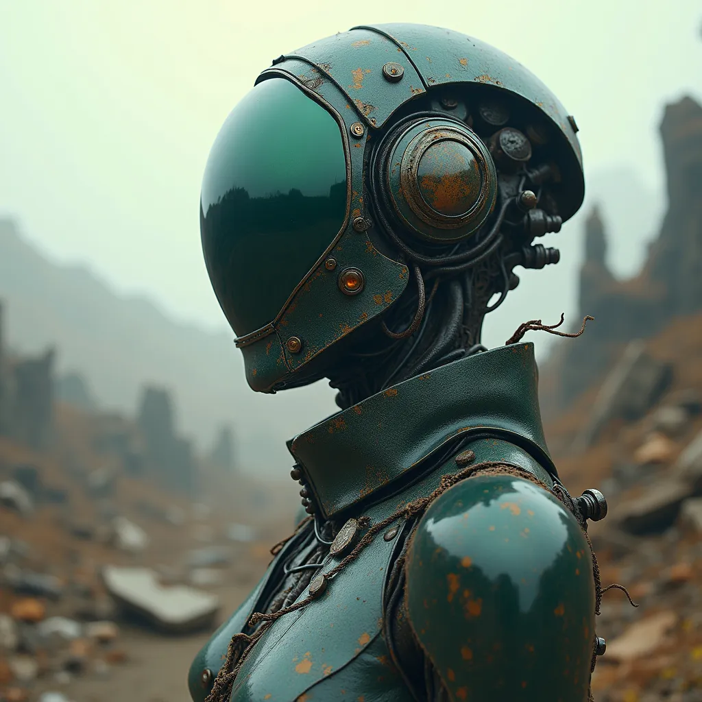 Prompt: masterpiece,best quality,official art, extremely detailed 8k wallpaper,absurdres,8k resolution, A dystopian wasteland backdrop, with twisted metal debris and ravaged earth, serves as the eerie setting for a stunning insect-mecha humanoid queen, paired with a closed helmet. Her visage is a masterpiece of eerie beauty, conveying an otherworldly allure amidst the desolate landscape.,MyNextGenMech